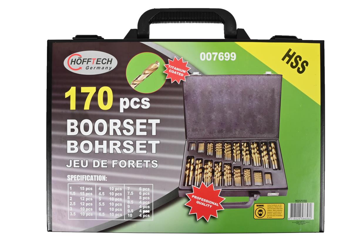 Drill bit set 170 pieces HSS titanium coated